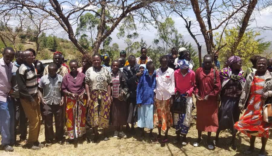 Large group of men and women standing together under thorn trees on a hillside.