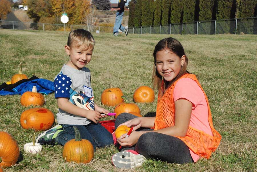 Two smiling children sitting in the grass decorating small pumpkins with markers