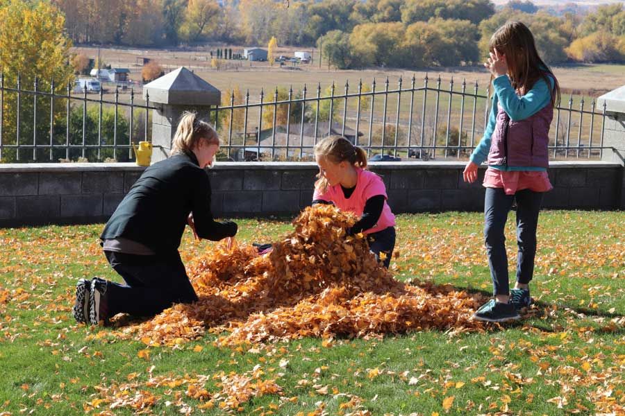 Two girls and an adult building a pile of autumn leaves together outdoors