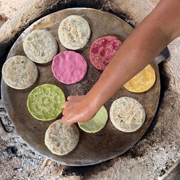 Hand arranging tortillas on a clay griddle over a wood fire, some plain and some coloured pink, green and yellow.