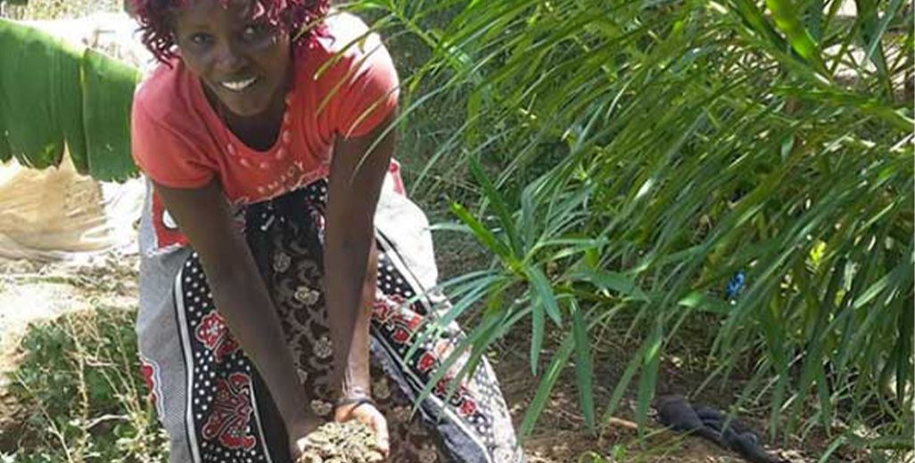 Woman smiling as she lifts a double handful of soil from a garden bed beside broad green leaves.
